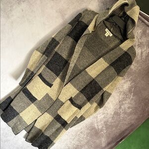 Monteau Black and Cream Plaid Hooded Cardigan
